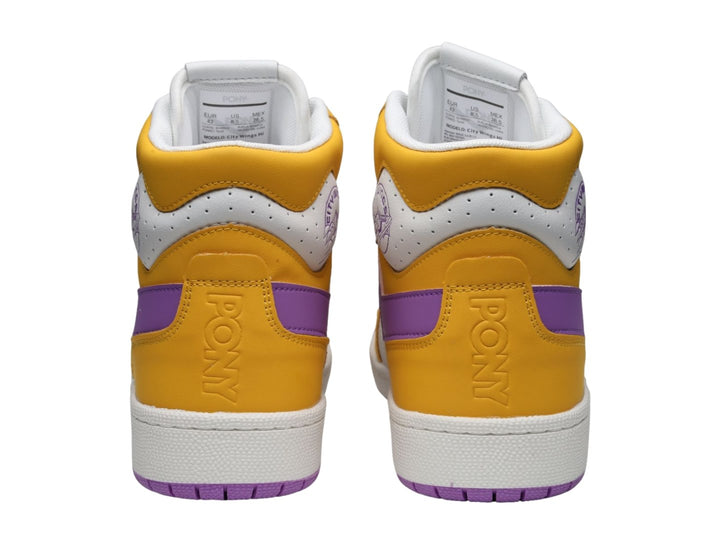 Tenis PONY City Wings Hi de cuello alto en colores amarillo, blanco y morado con cordones blancos.