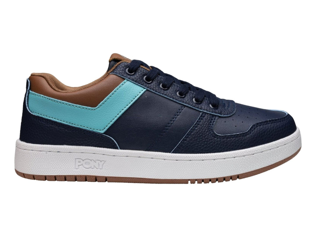 Tenis PONY City Wings color azul marino con franja azul claro y detalles café, suela blanca.