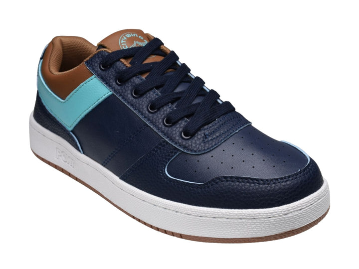 Tenis PONY City Wings color azul marino con franja azul claro y detalles café, suela blanca.