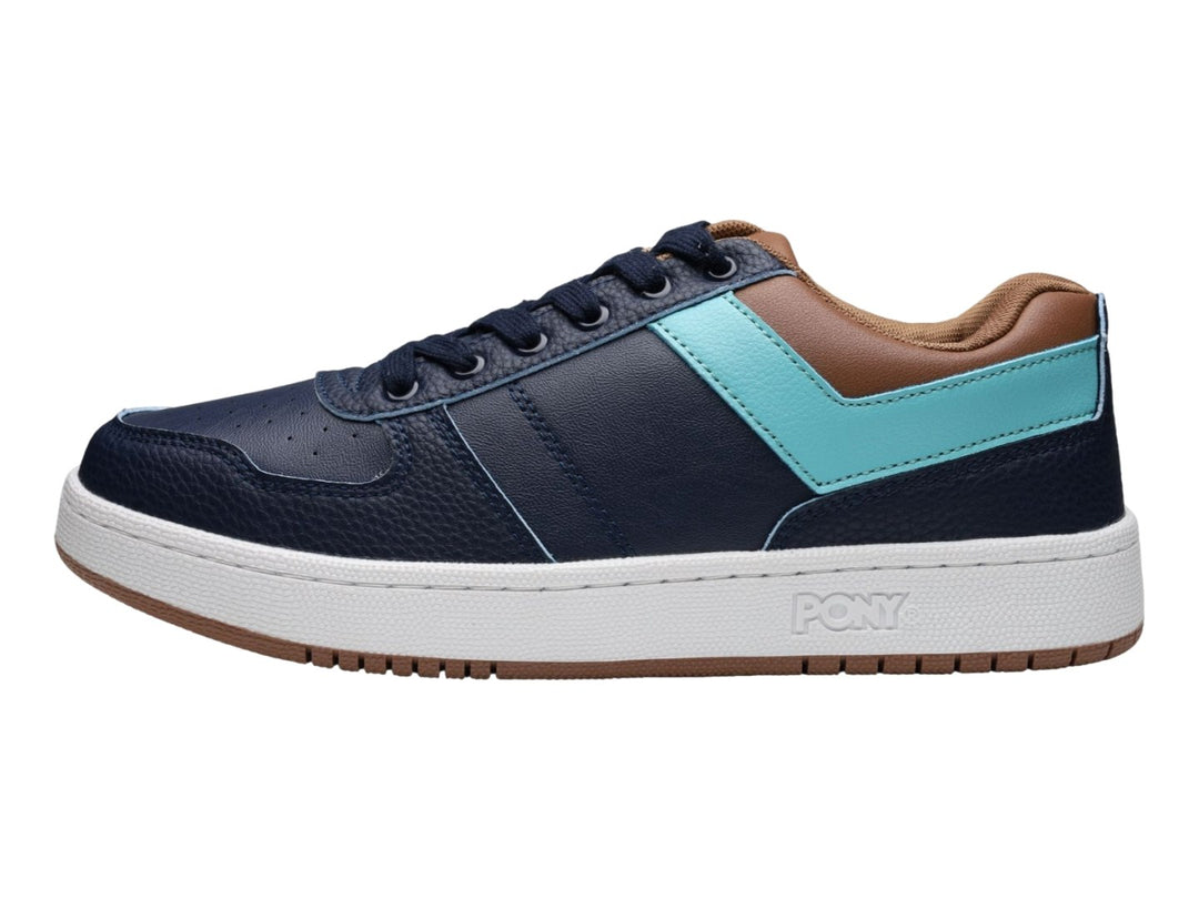 Tenis PONY City Wings color azul marino con franja azul claro y detalles café, suela blanca.