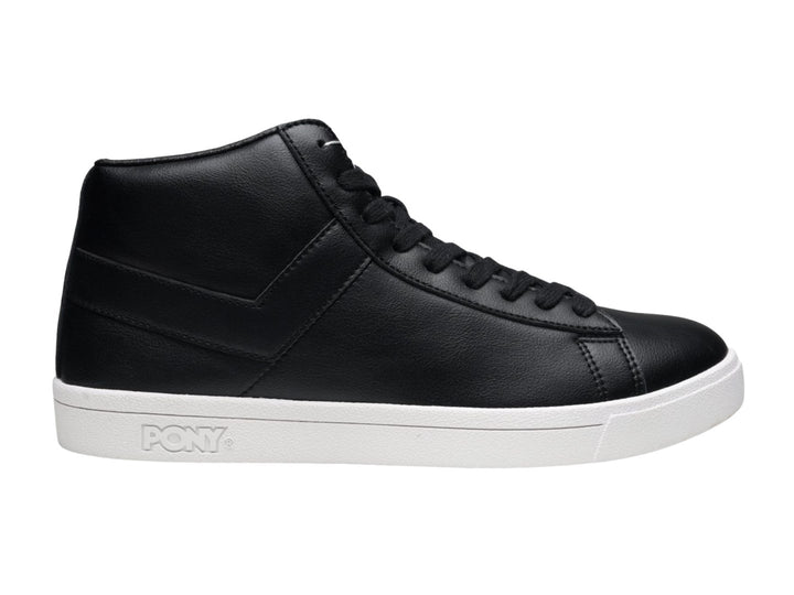 Tenis PONY de bota color negro con suela blanca y agujetas negras.