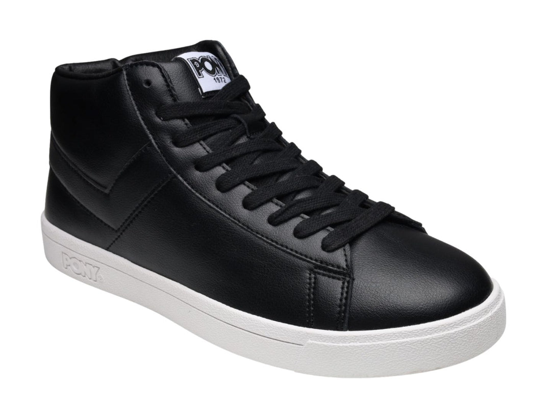 Tenis PONY de bota color negro con suela blanca y agujetas negras.