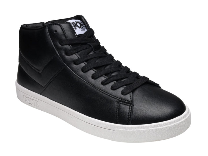 Tenis PONY de bota color negro con suela blanca y agujetas negras.