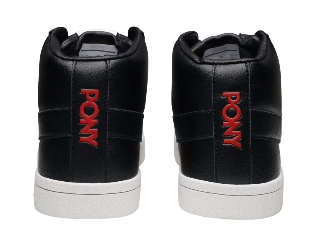 Tenis PONY de bota color negro con suela blanca y agujetas negras.