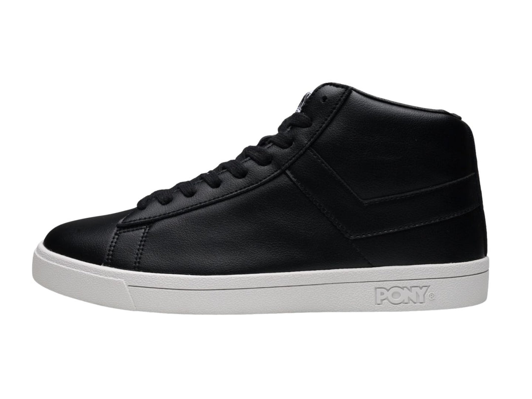 Tenis PONY de bota color negro con suela blanca y agujetas negras.