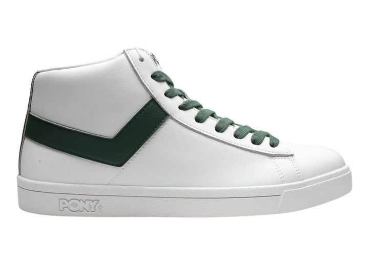 Tenis PONY Top Start HI blancos con detalles en color verde esmeralda y corte alto.
