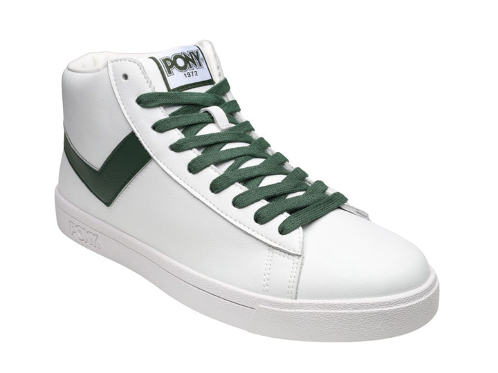 Tenis PONY Top Start HI blancos con detalles en color verde esmeralda y corte alto.