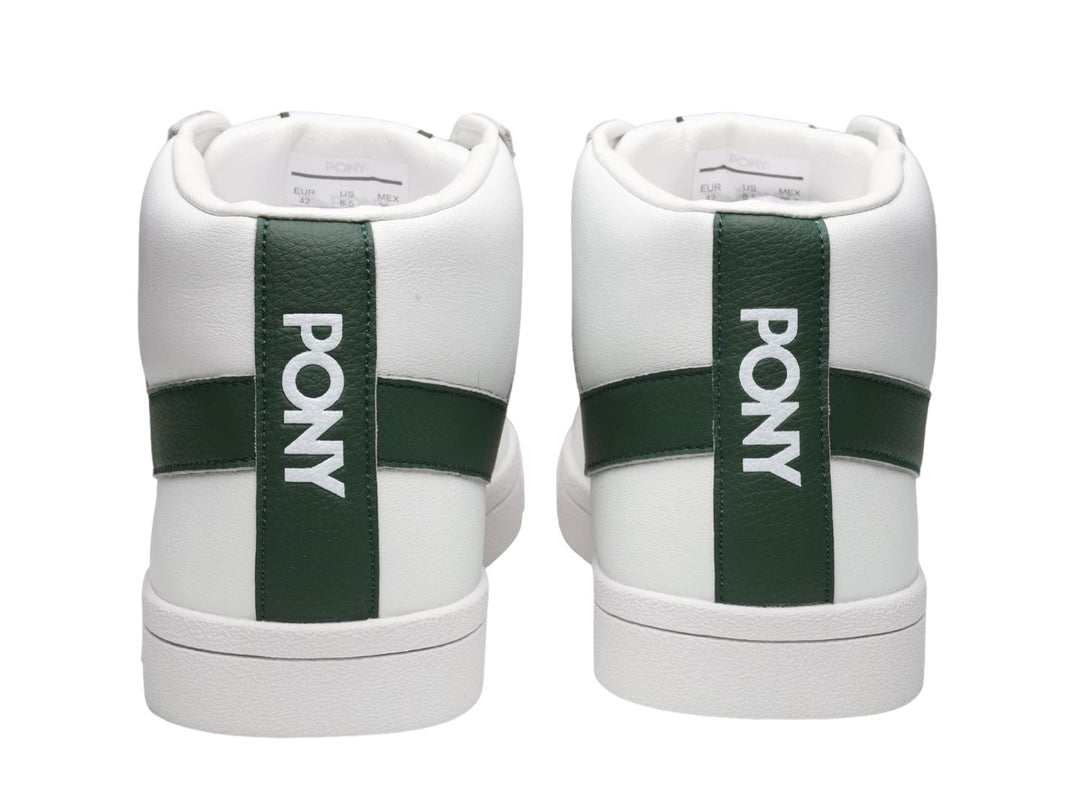Tenis PONY Top Start HI blancos con detalles en color verde esmeralda y corte alto.