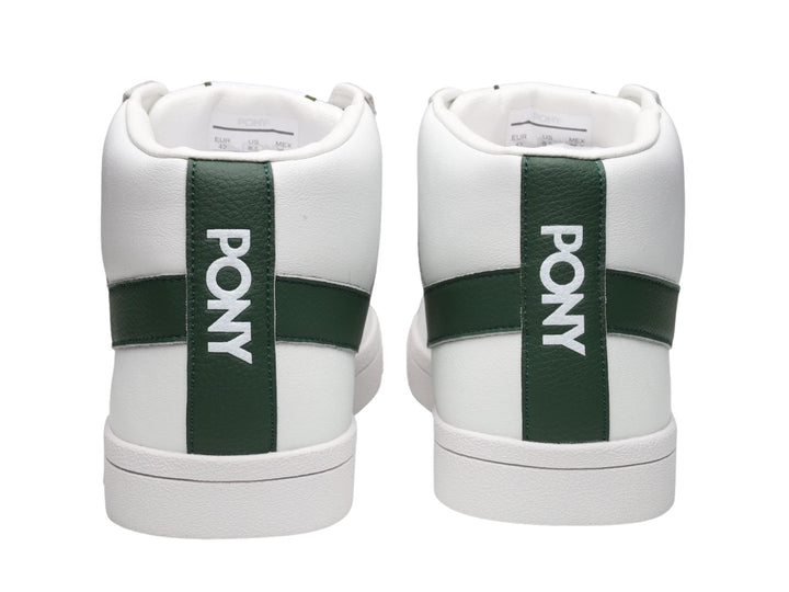 Tenis PONY Top Start HI blancos con detalles en color verde esmeralda y corte alto.