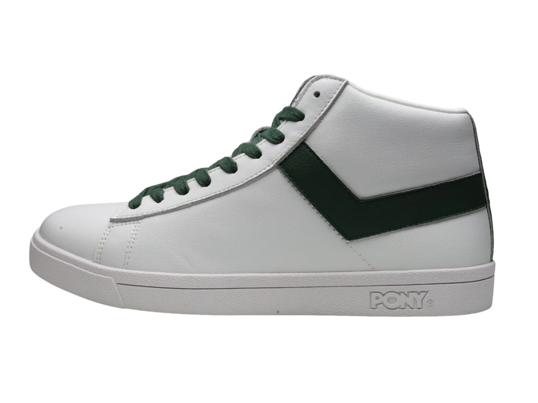 Tenis PONY Top Start HI blancos con detalles en color verde esmeralda y corte alto.