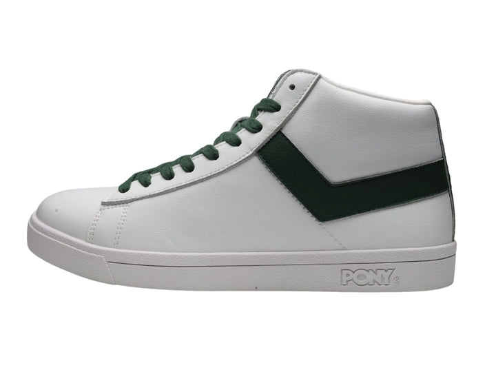 Tenis PONY Top Start HI blancos con detalles en color verde esmeralda y corte alto.
