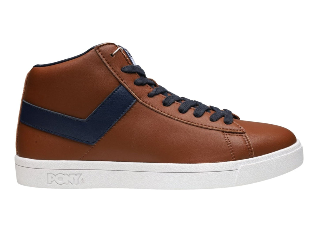 Tenis PONY Top Star Hi color camel con franja y cordones azul marino y suela blanca.