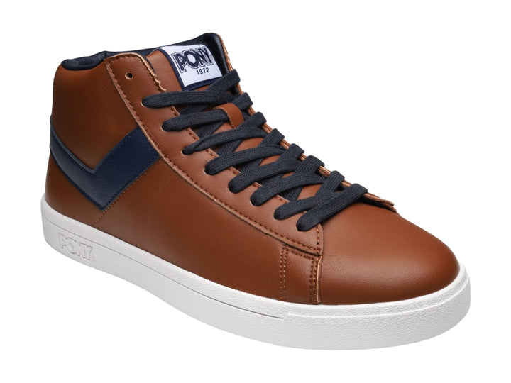 Tenis PONY Top Star Hi color camel con franja y cordones azul marino y suela blanca.