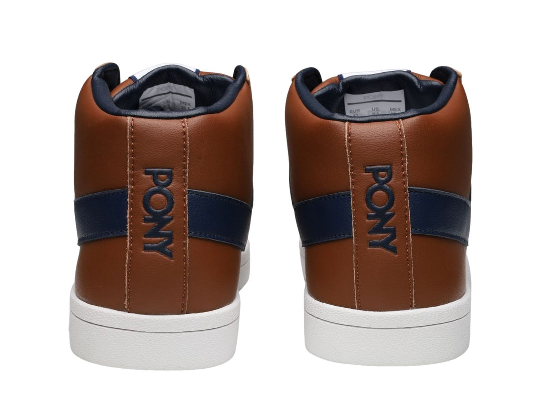 Tenis PONY Top Star Hi color camel con franja y cordones azul marino y suela blanca.
