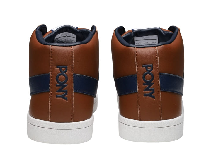 Tenis PONY Top Star Hi color camel con franja y cordones azul marino y suela blanca.