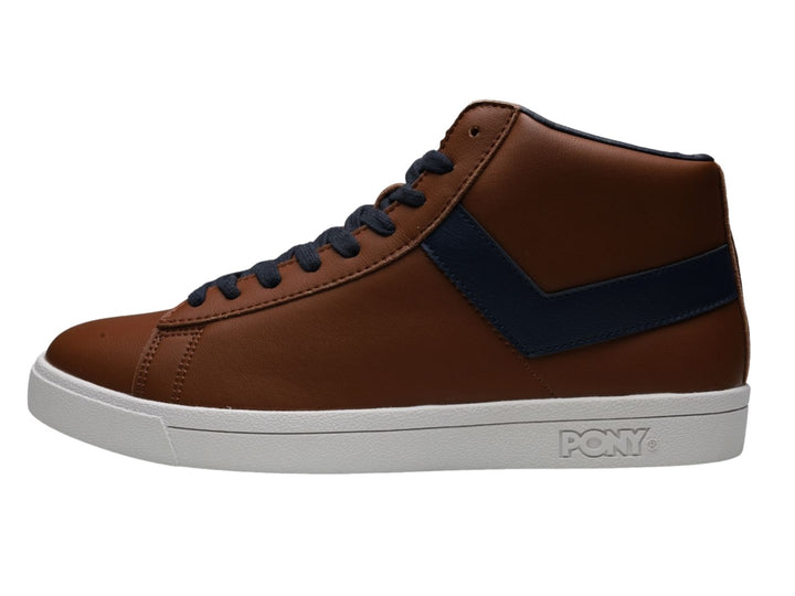 Tenis PONY Top Star Hi color camel con franja y cordones azul marino y suela blanca.