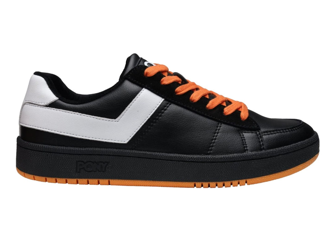 Tenis PONY PRO 80 color negro con franja blanca, agujetas y suela naranja.