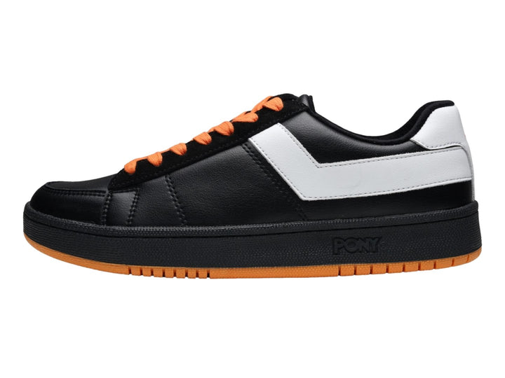 Tenis PONY PRO 80 color negro con franja blanca, agujetas y suela naranja.