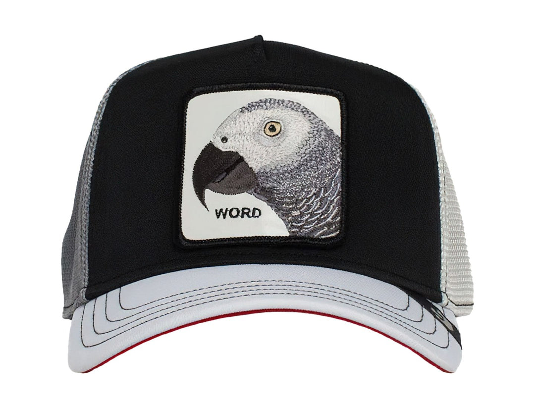 Gorra negra y gris de Goorin Bros con un parche frontal que muestra la imagen de un loro gris y la palabra WORD.