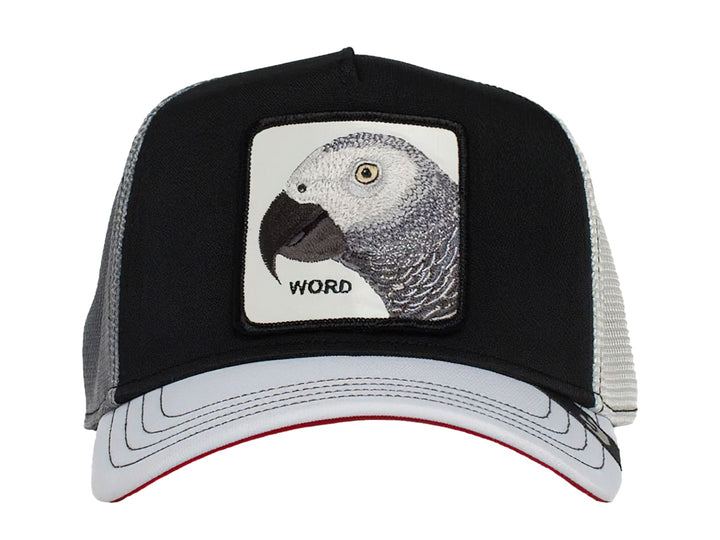 Gorra negra y gris de Goorin Bros con un parche frontal que muestra la imagen de un loro gris y la palabra WORD.