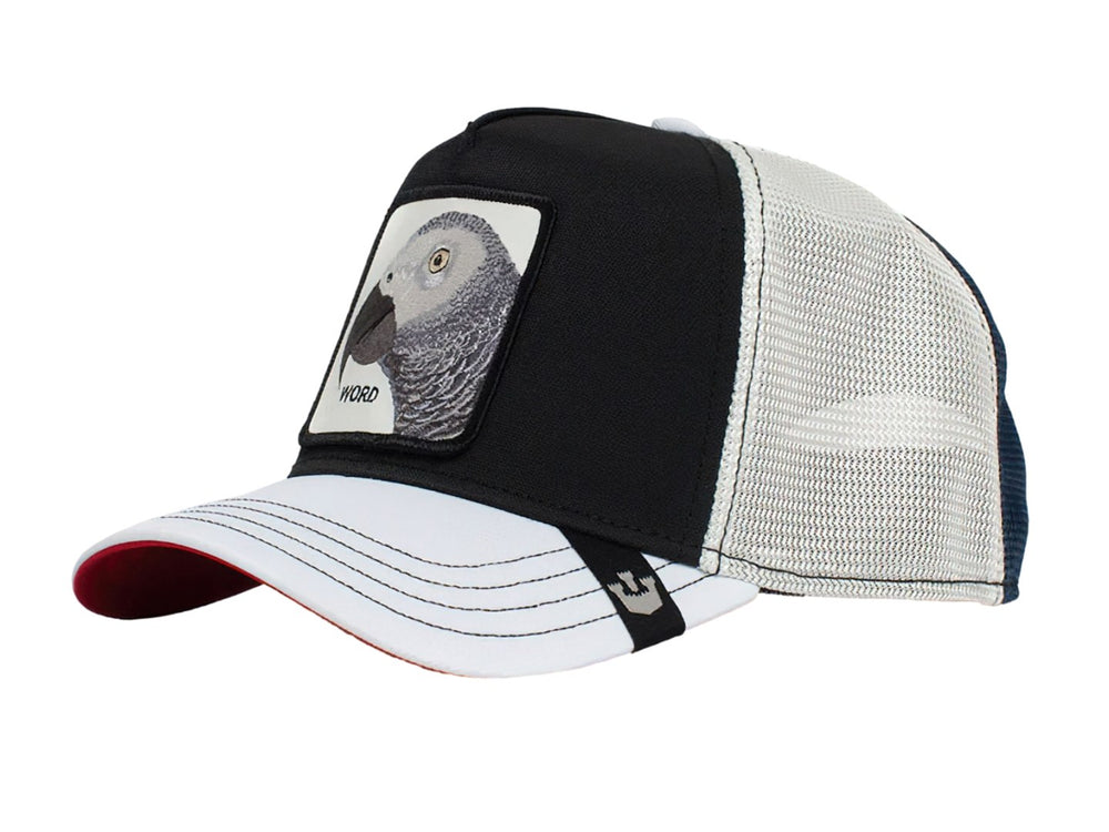 Gorra negra y gris de Goorin Bros con un parche frontal que muestra la imagen de un loro gris y la palabra WORD.
