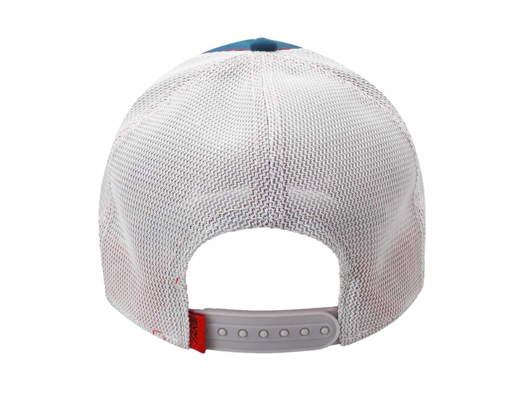 Gorra Goorin Bros azul y gris con estampado de piel de reptil y parche de dinosaurio.