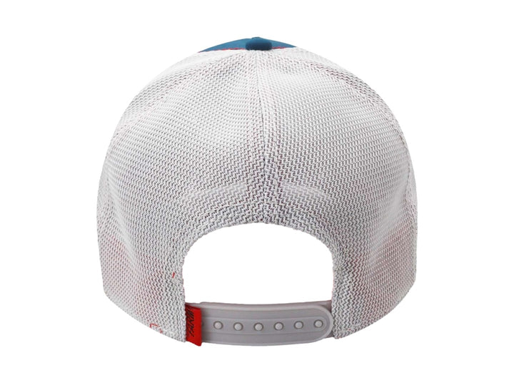Gorra Goorin Bros azul y gris con estampado de piel de reptil y parche de dinosaurio.