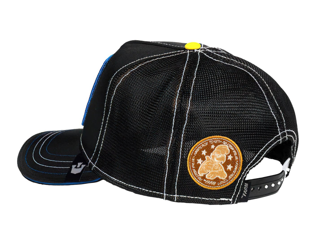 Gorra negra Goorin Bros con parche frontal de una rana y el texto Big Mouth, detalles en azul y costuras blancas.