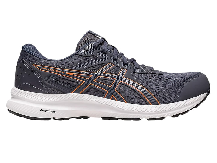 Tenis deportivos ASICS GEL-CONTEND 8 color gris con detalles naranjas y suela blanca.