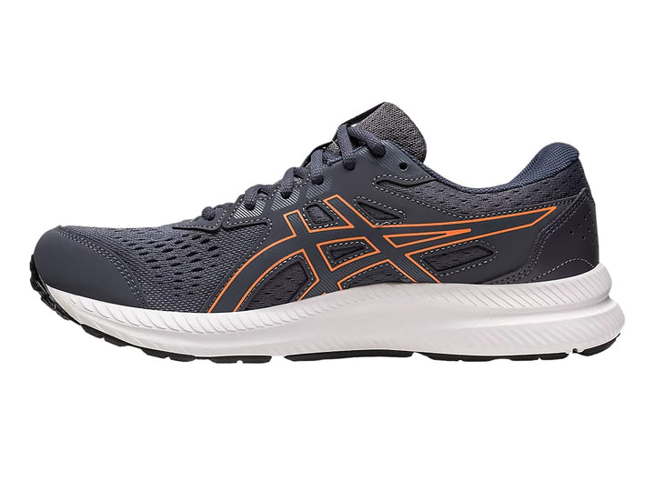 Tenis deportivos ASICS GEL-CONTEND 8 color gris con detalles naranjas y suela blanca.