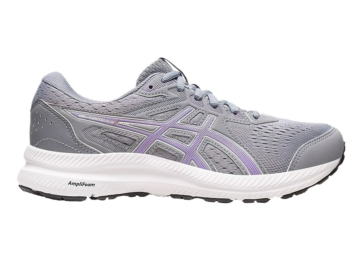 Tenis deportivos ASICS Gel-Contend 8 en color morado con suela blanca y detalles en malla.