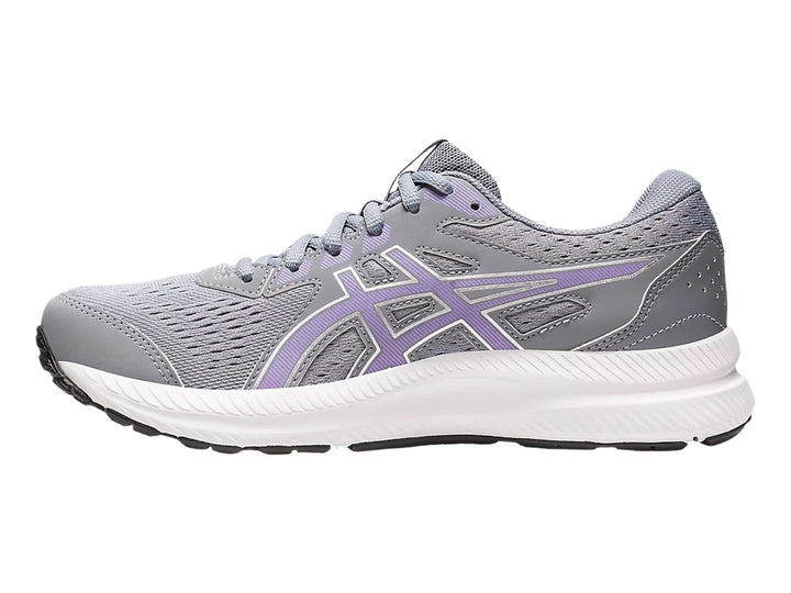 Tenis deportivos ASICS Gel-Contend 8 en color morado con suela blanca y detalles en malla.