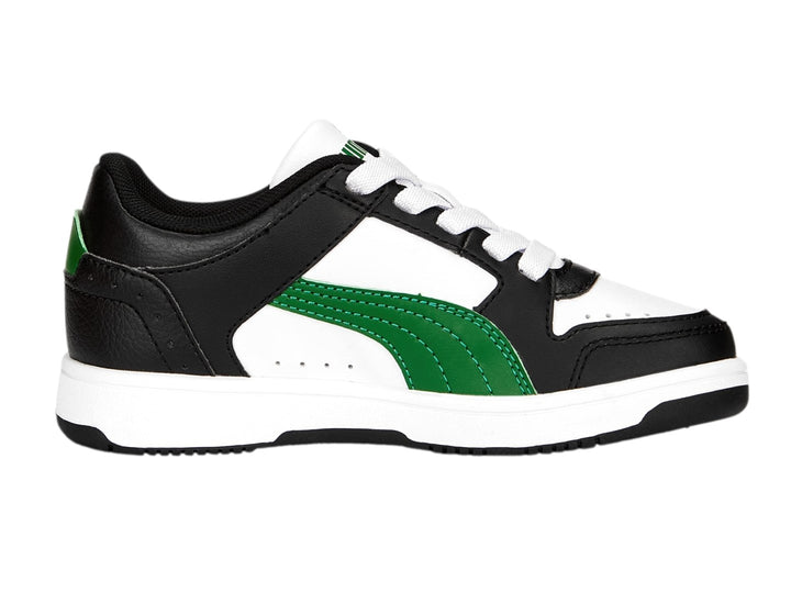 Tenis PUMA Rebound Joy Lo AC PS en colores blanco, negro y verde con suela blanca.