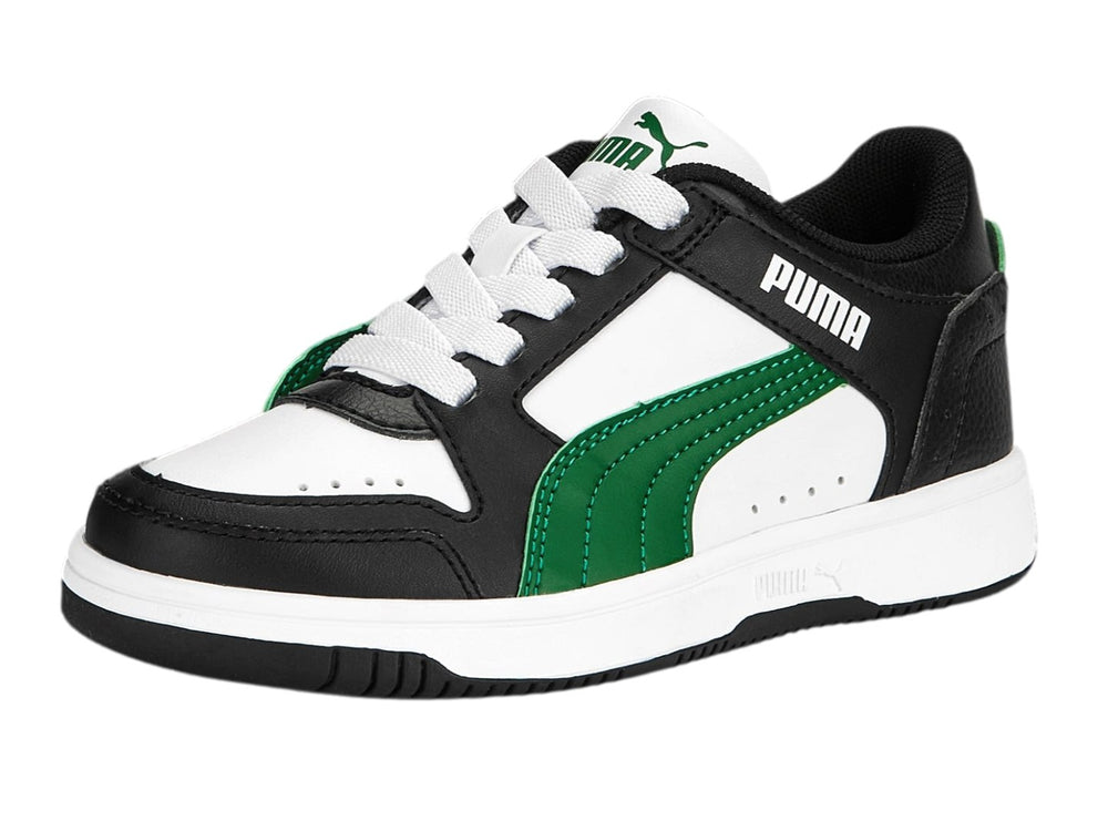 Tenis PUMA Rebound Joy Lo AC PS en colores blanco, negro y verde con suela blanca.