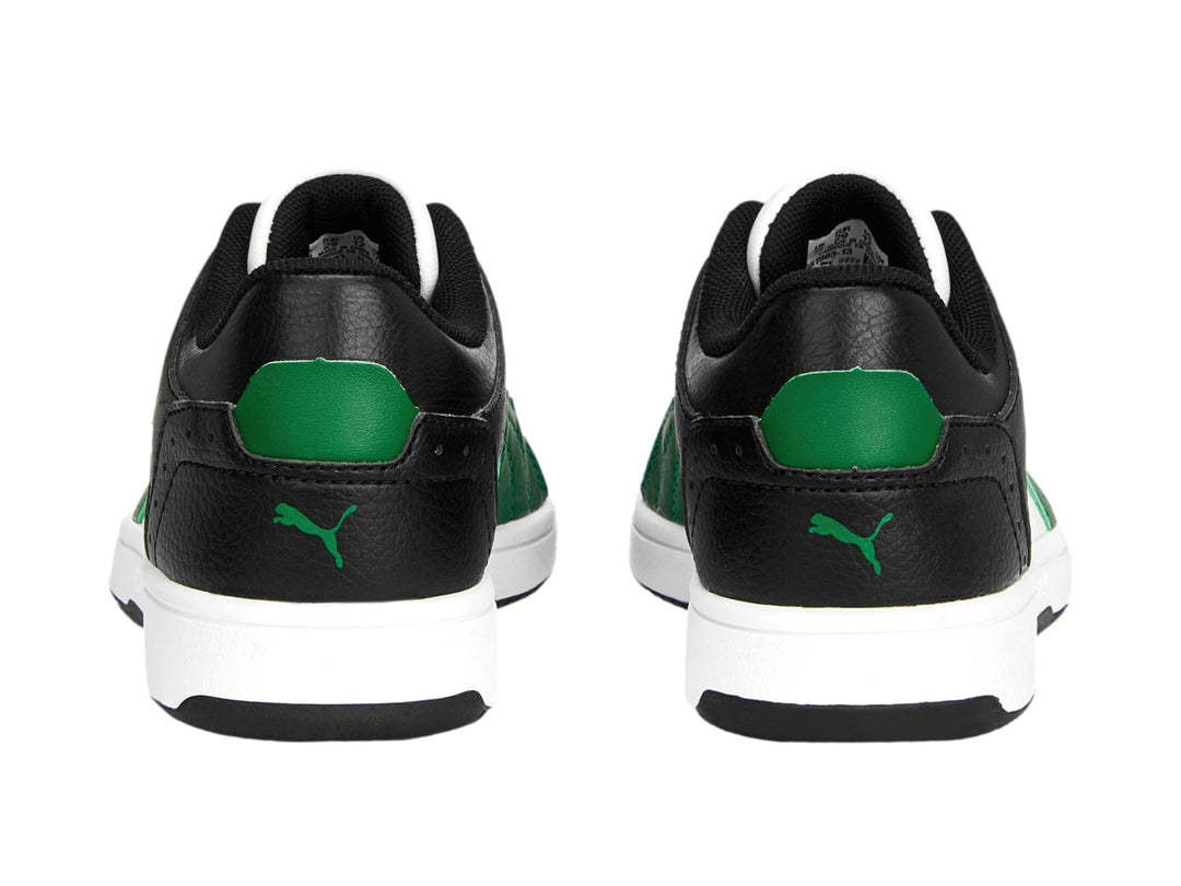 Tenis PUMA Rebound Joy Lo AC PS en colores blanco, negro y verde con suela blanca.