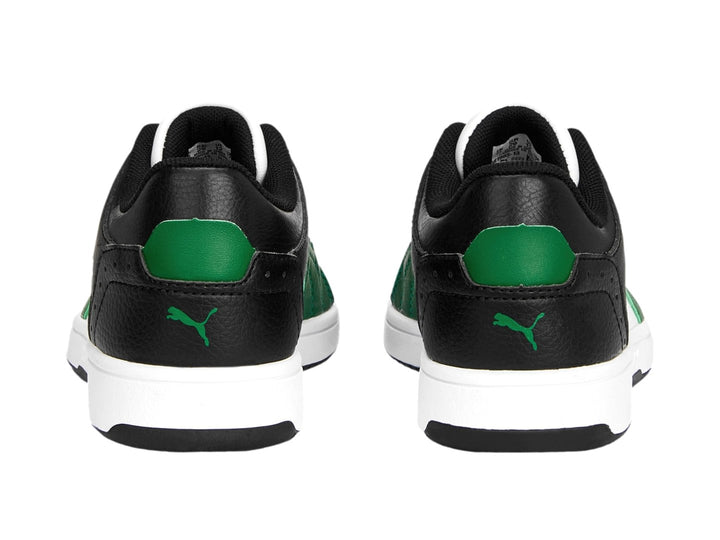 Tenis PUMA Rebound Joy Lo AC PS en colores blanco, negro y verde con suela blanca.