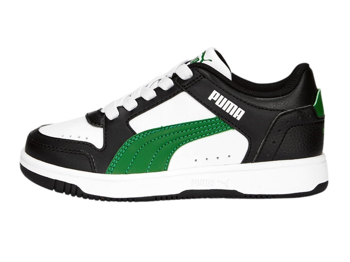Tenis PUMA Rebound Joy Lo AC PS en colores blanco, negro y verde con suela blanca.