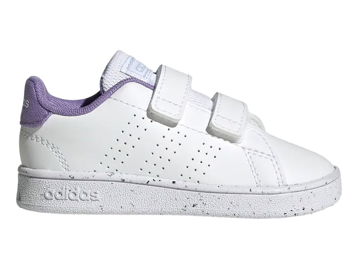 Tenis Adidas blancos con detalles en morado y cierres de velcro.
