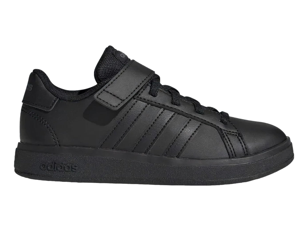 Tenis Adidas Grand Court 2.0 EL K en color negro con cierre de correa y agujetas.