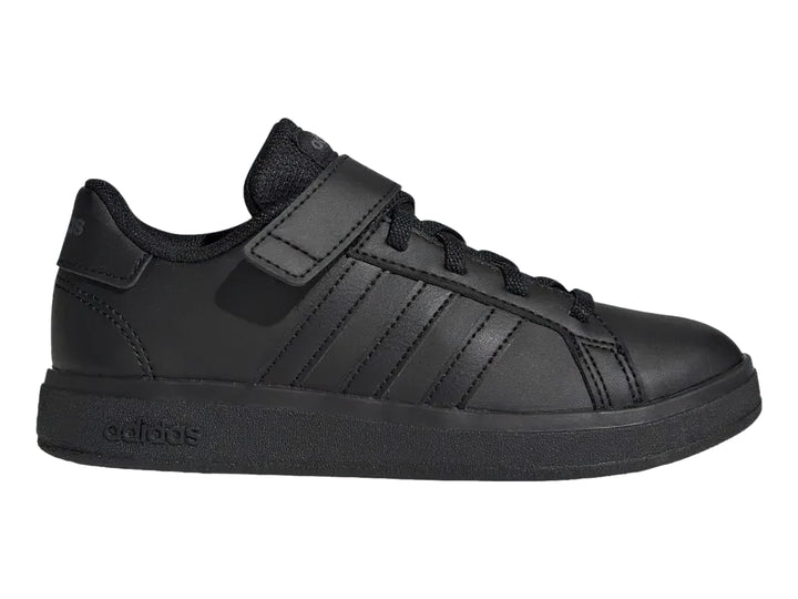 Tenis Adidas Grand Court 2.0 EL K en color negro con cierre de correa y agujetas.
