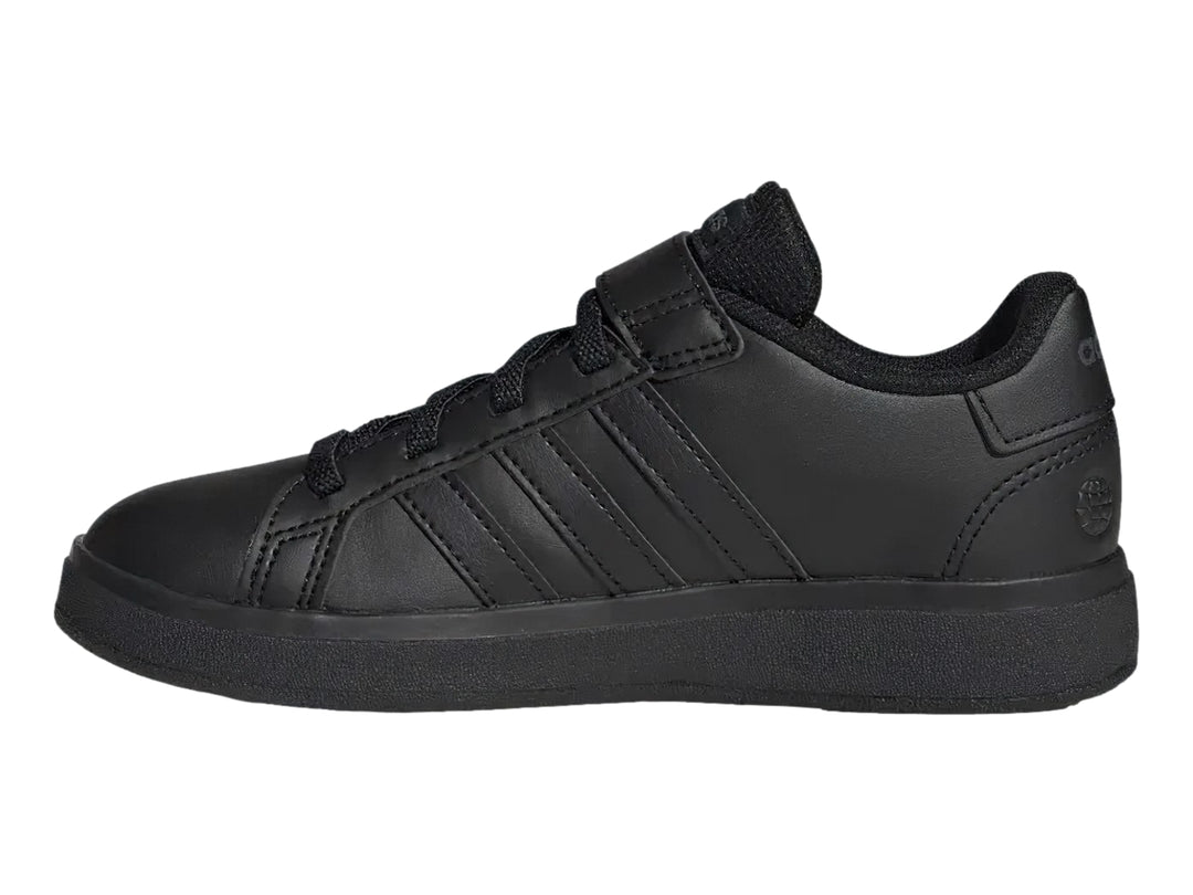 Tenis Adidas Grand Court 2.0 EL K en color negro con cierre de correa y agujetas.