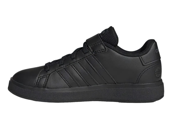 Tenis Adidas Grand Court 2.0 EL K en color negro con cierre de correa y agujetas.