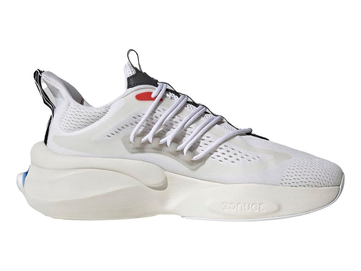 Tenis deportivos Adidas Alphaboost V1 color blanco con detalles en azul y rojo.
