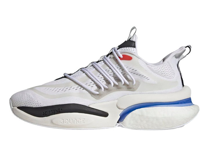 Tenis deportivos Adidas Alphaboost V1 color blanco con detalles en azul y rojo.
