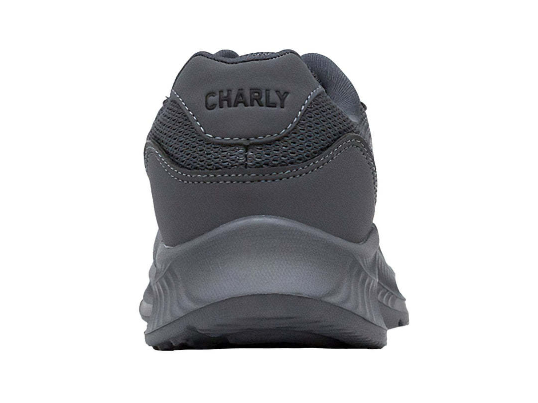 Tenis deportivos Charly color gris oscuro con malla transpirable y suela robusta.