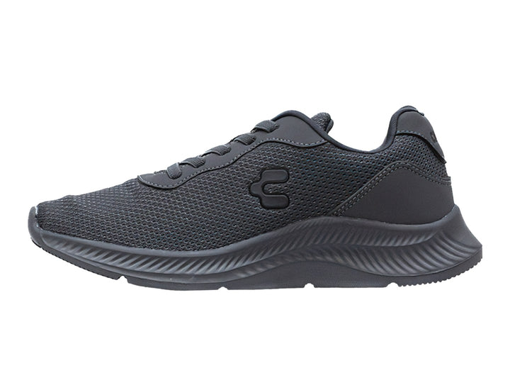 Tenis deportivos Charly color gris oscuro con malla transpirable y suela robusta.
