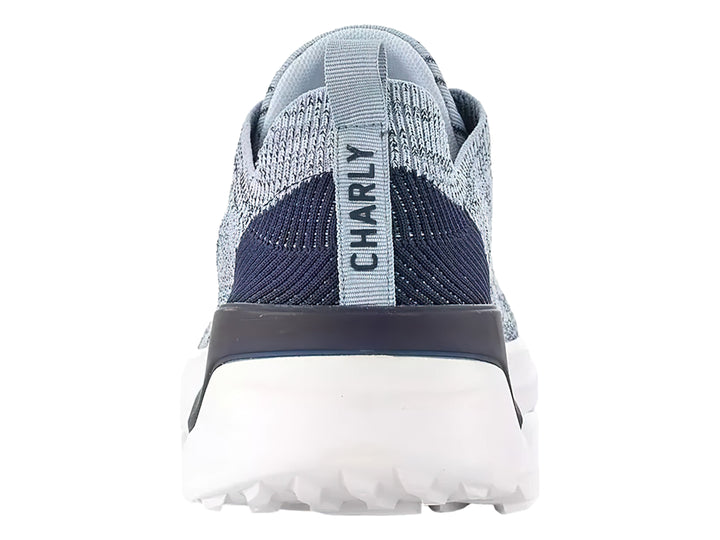 Tenis deportivos Charly de tela tejida en color gris y azul con suela blanca y detalle oscuro en el talón.