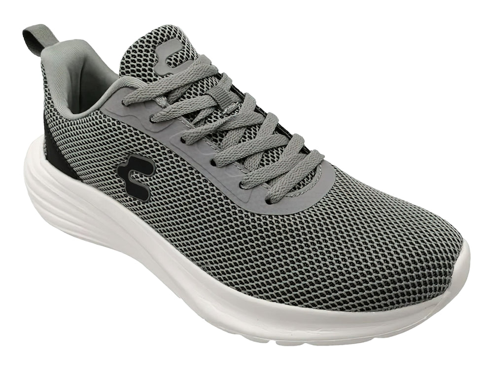 Tenis deportivos Charly en color gris con suela blanca y detalles en negro.