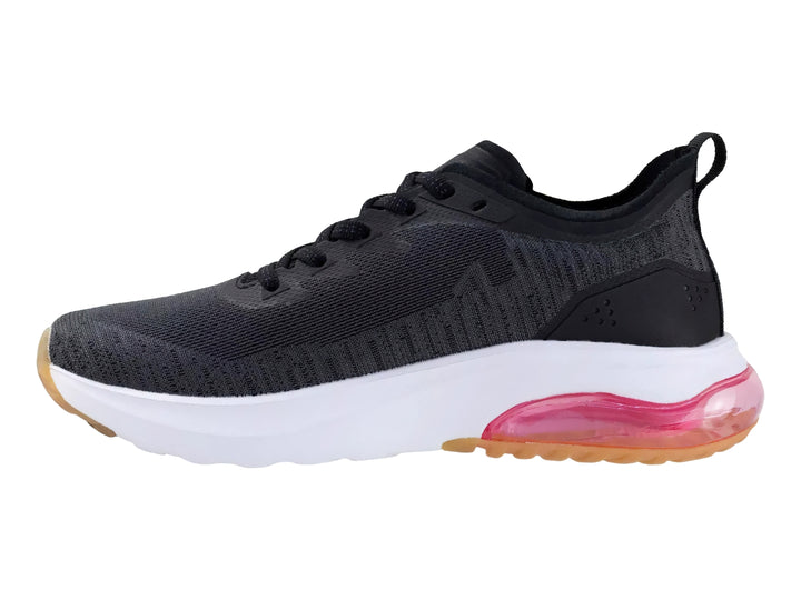Tenis deportivos Charly color negro con suela blanca y detalles en fucsia.