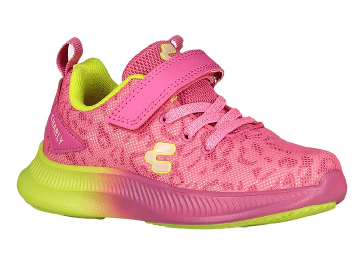 Tenis deportivos Charly para niña en colores rosa fucsia y verde lima con correa de velcro.